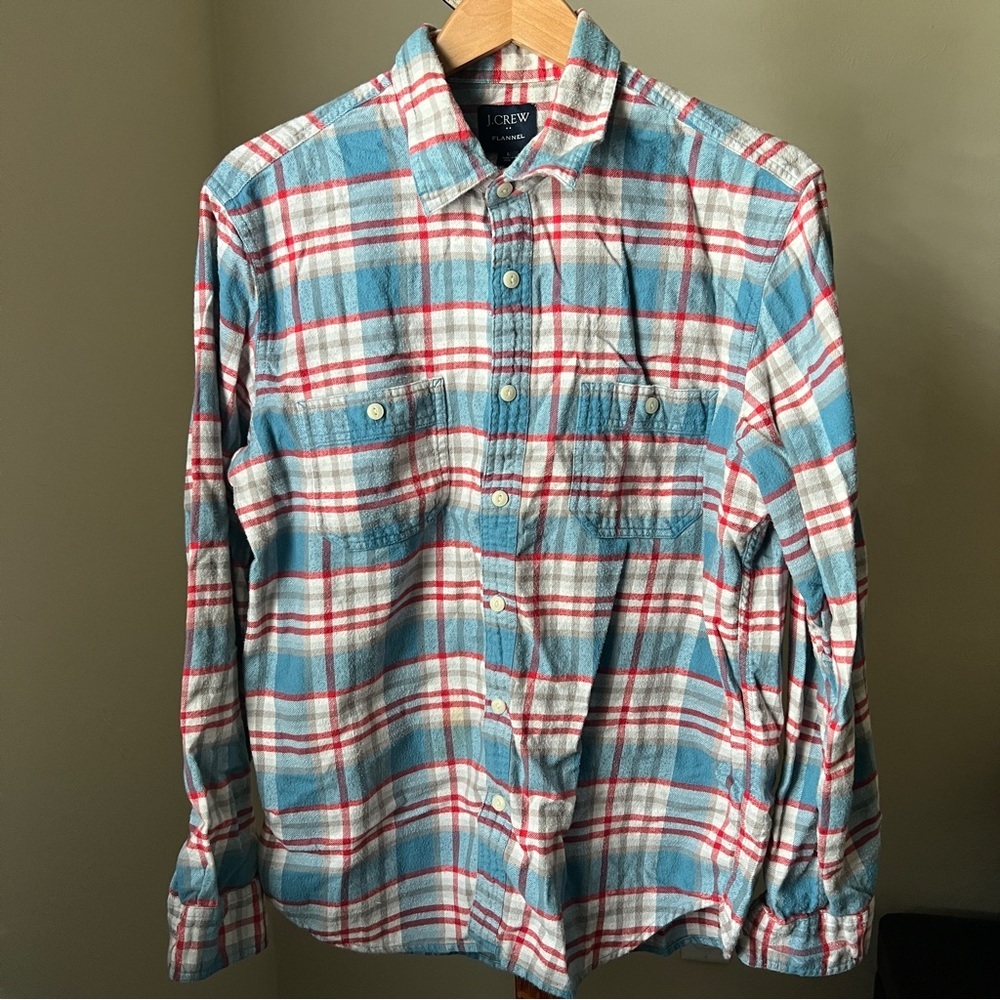 J. CREW Flannel Slim Fit Plaid Blue Red Pocket Button Shirt Men’s Size Large